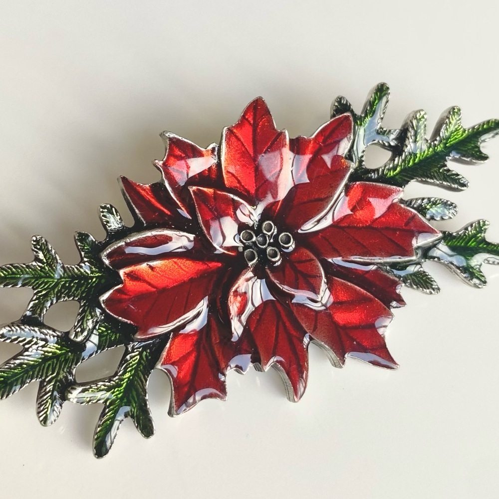 DANFORTH Poinsettia Pewter & Enamel Brooch Red & Green Christmas Signed USA - Picture 4 of 8